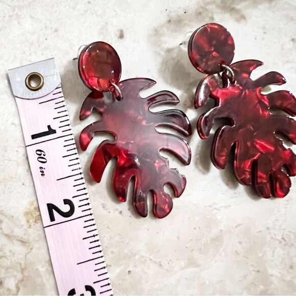 Ruby Monstera Leaf Resin Earrings - Picture 5 of 7